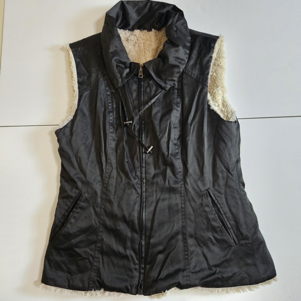 Womens Reversible Vest Small Black Sherpa Fleece Zip Jacket Cozy Outdoor